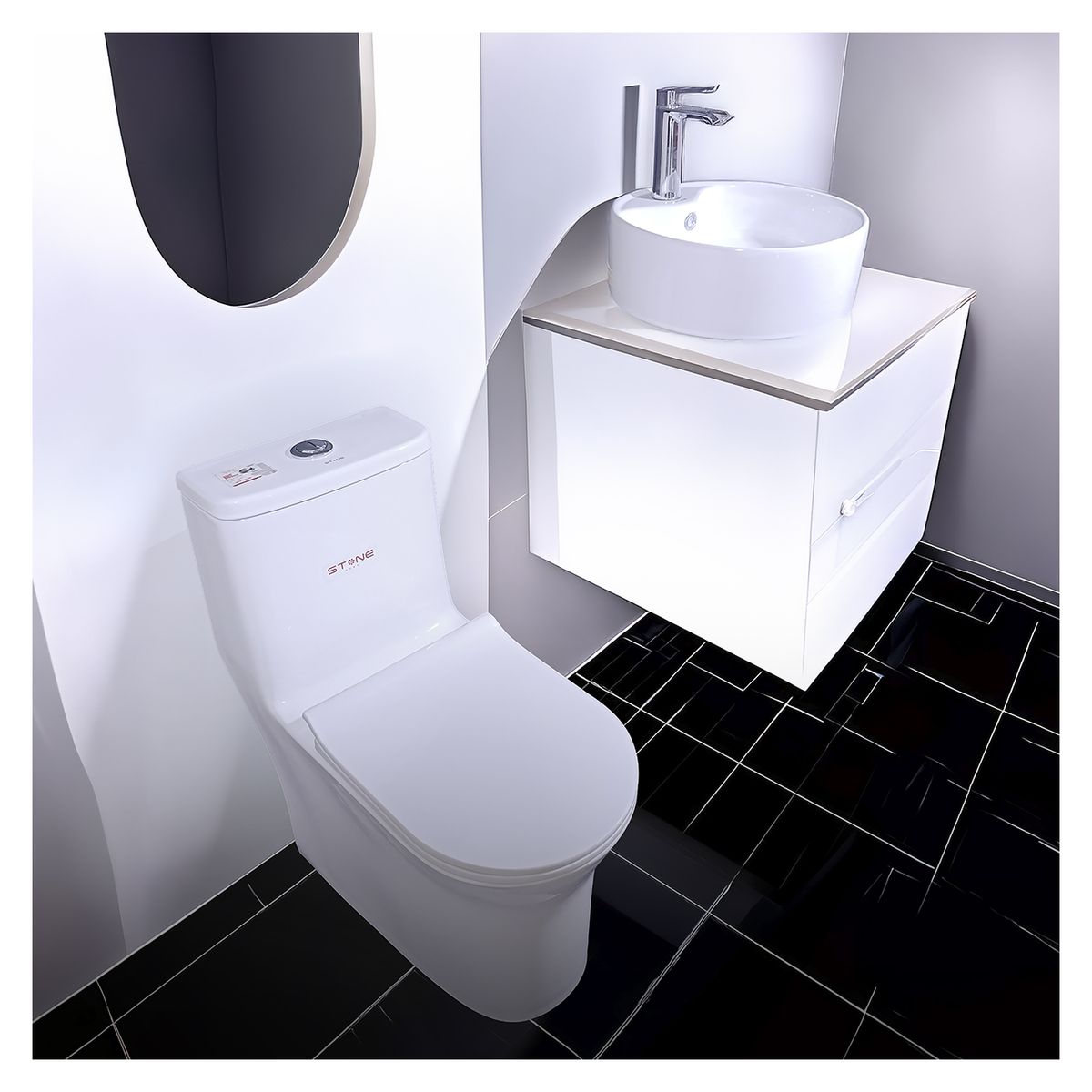 STONE - COMBO DE INODORO STAN 2.0 BLANCO + BOWL LAURE BLANCO + DESAGUE POP UP GRANDE CROMADO S/REBOSE P/BOWL CUERPO 10CM COLA 18 CM