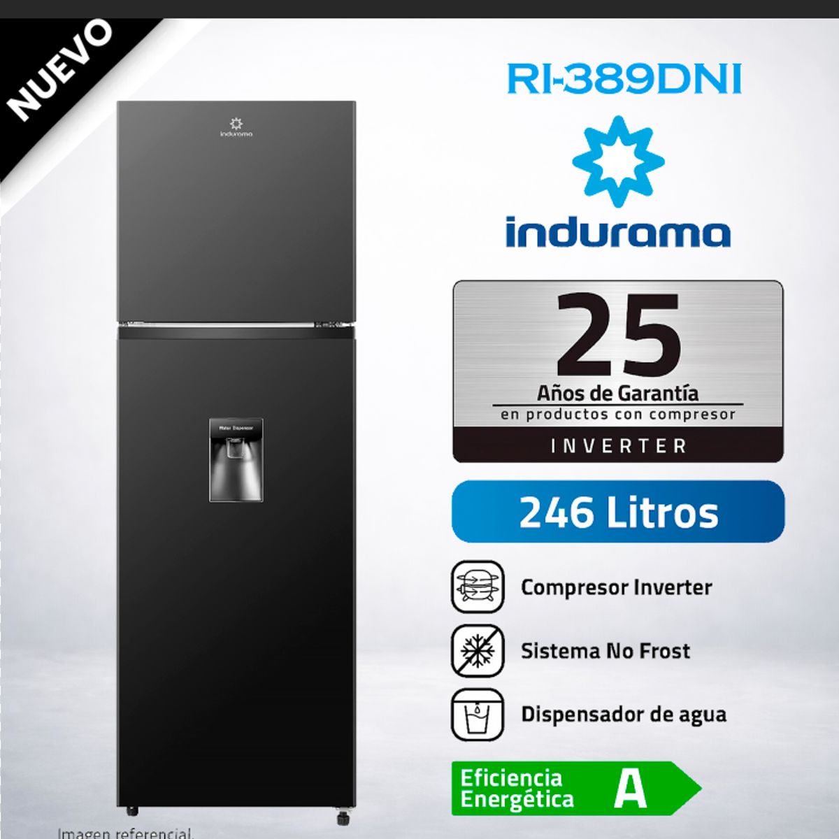 INDURAMA - Refrigeradora Indurama 246 Lt TOP FREEZER NO FROST RI-389DNI Negro