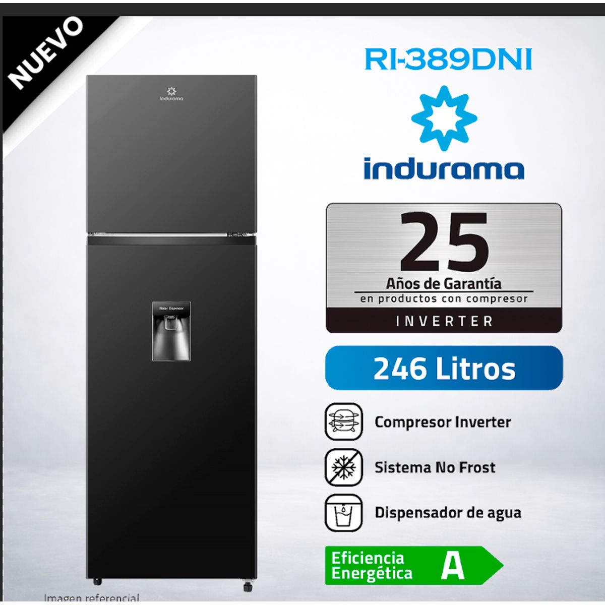 INDURAMA - Refrigeradora Indurama 246 Lt TOP FREEZER NO FROST RI-389DNI Negro