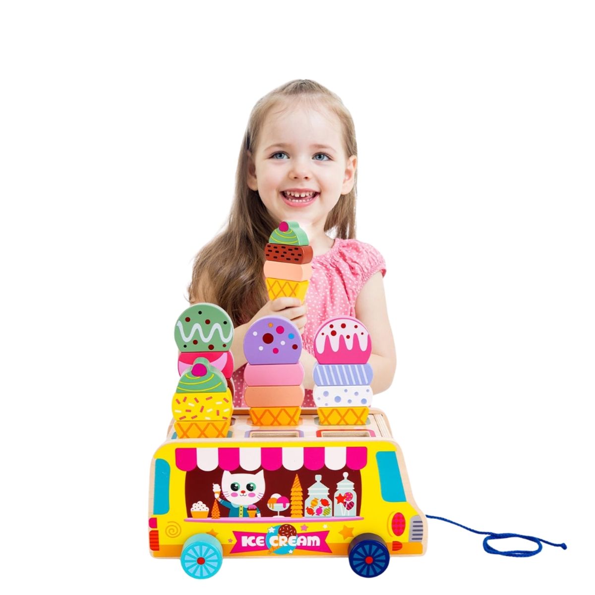 GENERICO - Juguete Montessori Camión Apilamiento de Helados de Madera