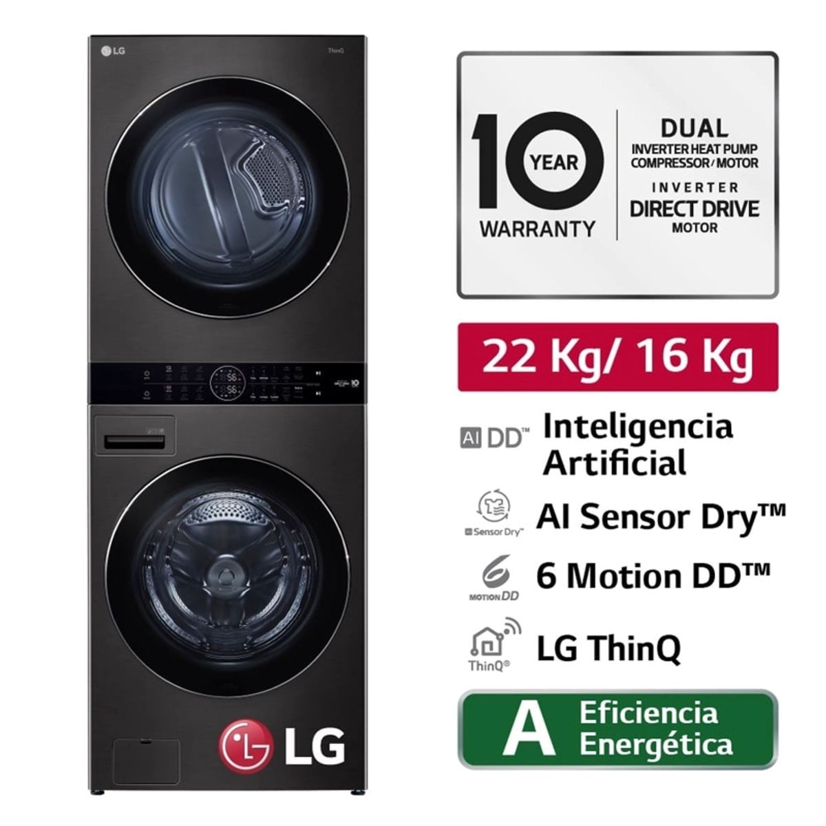 LG - Centro De Lavado 22 kg y 16 Kg AI DD Carga Frontal Negro Acero LG WK22BS6
