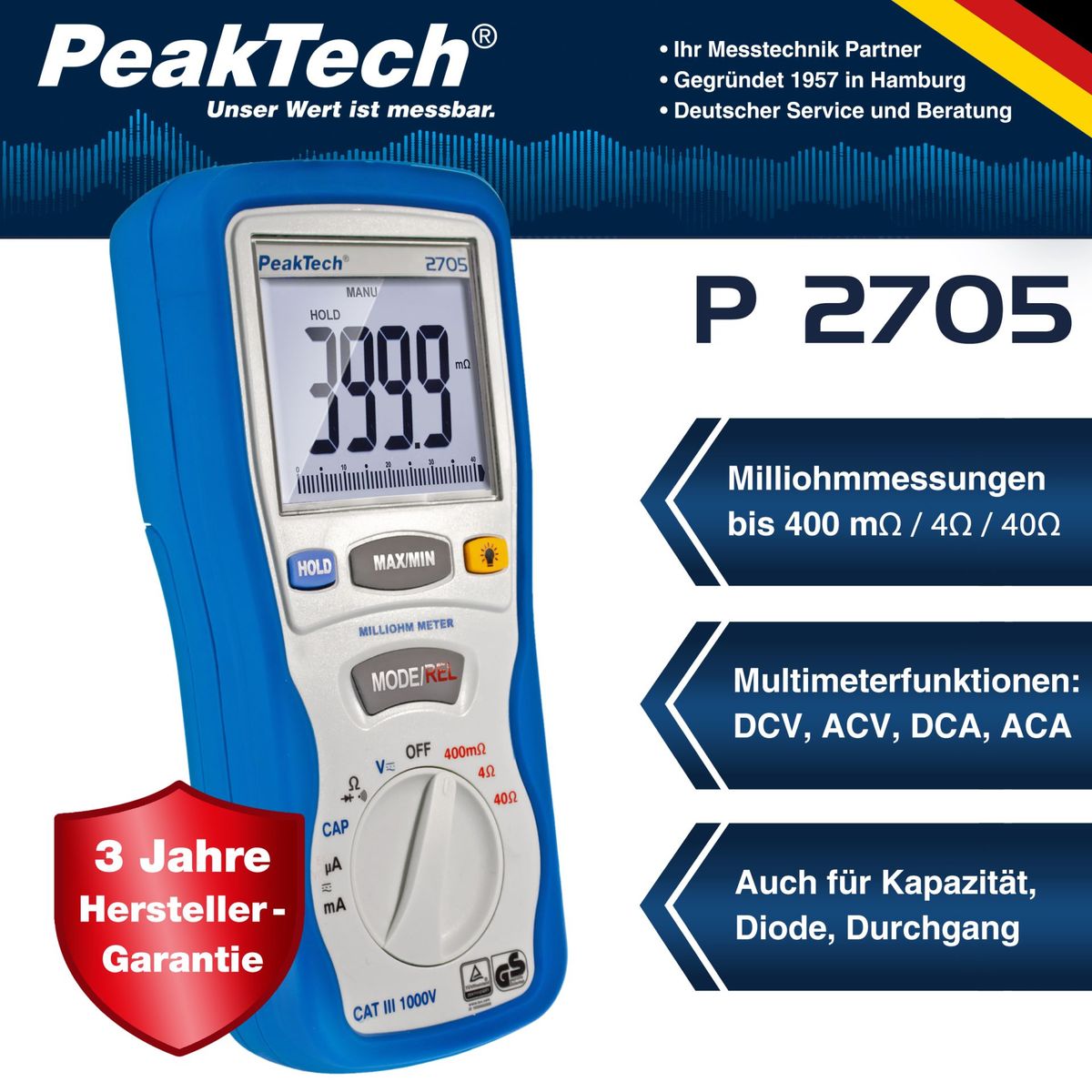 PEAKTECH - MILIÓHMETRO DIGITAL, 4000 CUENTAS, 400 mΩ/4/40/Ω P-2705
