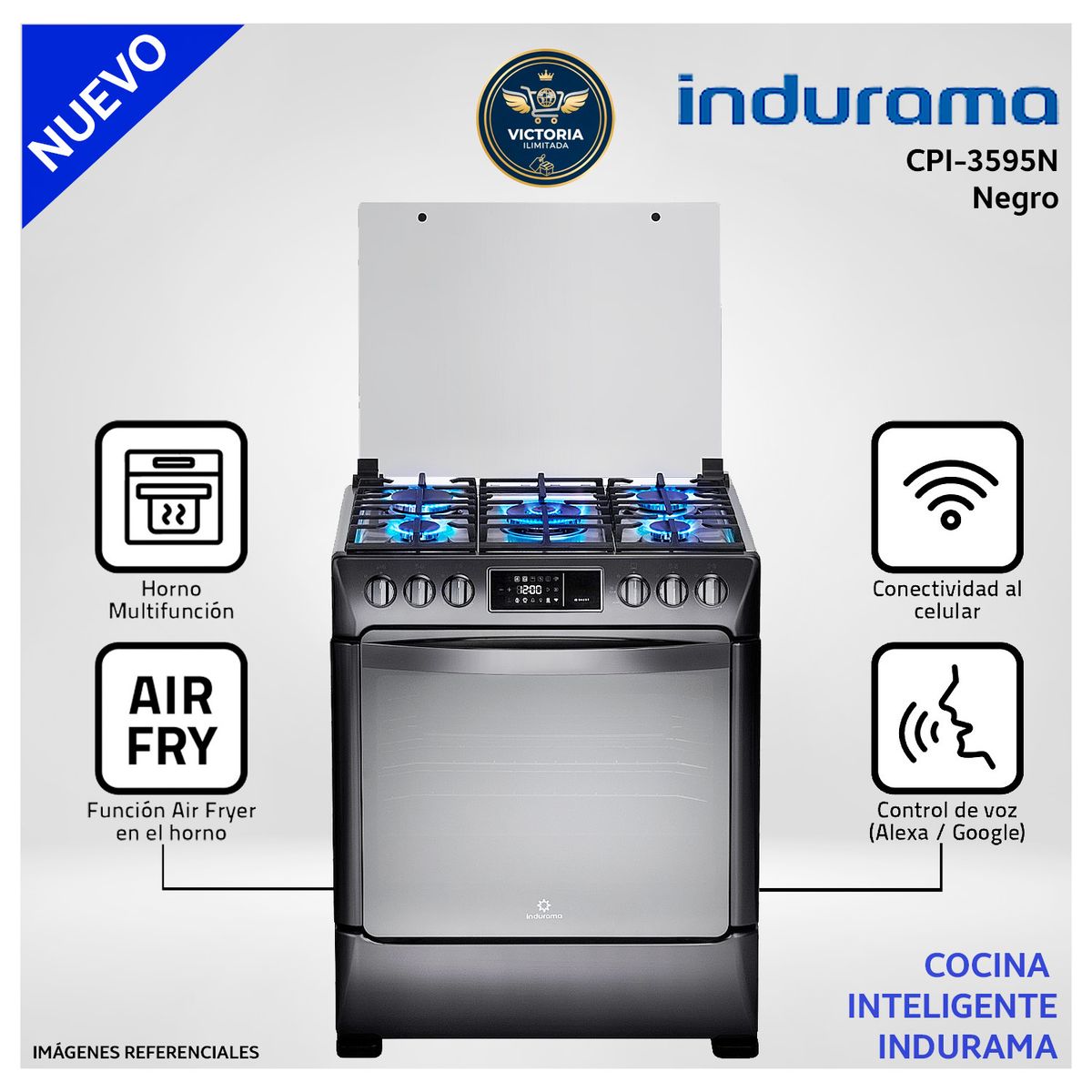 INDURAMA - Cocina Indurama 5 Hornillas Smart Black Steel CPI-3595N