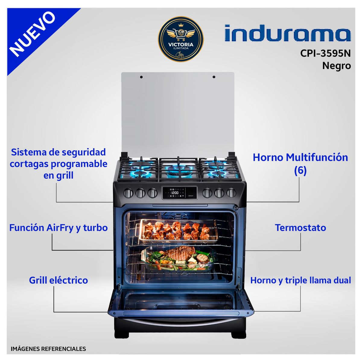 INDURAMA - Cocina Indurama 5 Hornillas Smart Black Steel CPI-3595N
