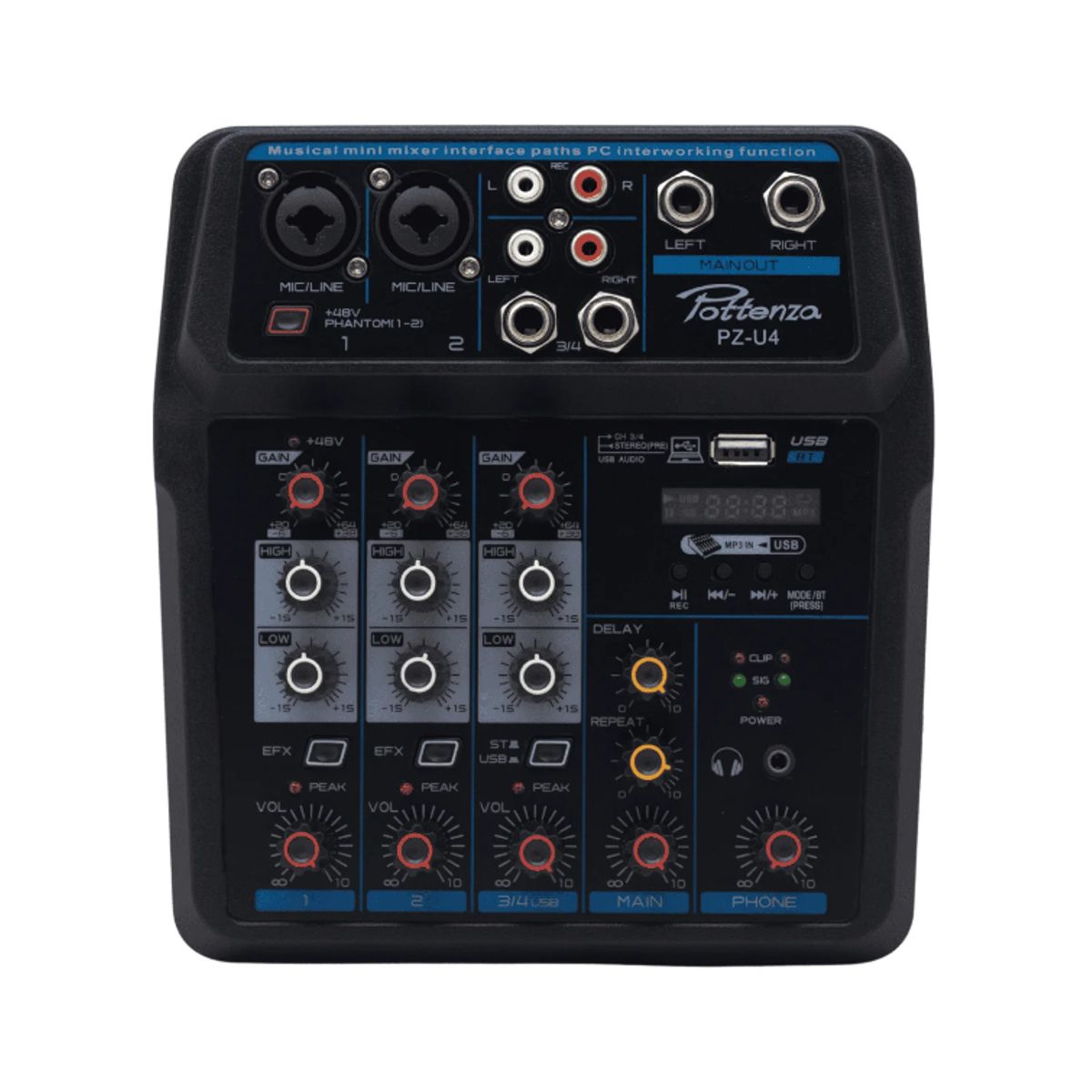 GENERICO - Mezcladora de 4 Canales con Interfaz a PC PZ-U4 POTTENZA