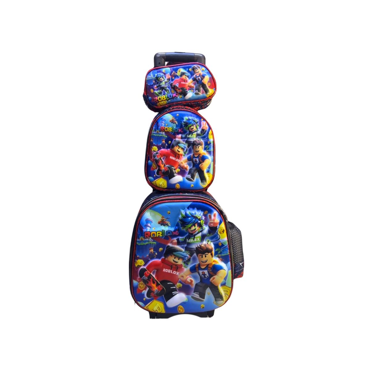 GENERICO - Set escolar de mochila con ruedas mas lonchera y cartuchera Roblox