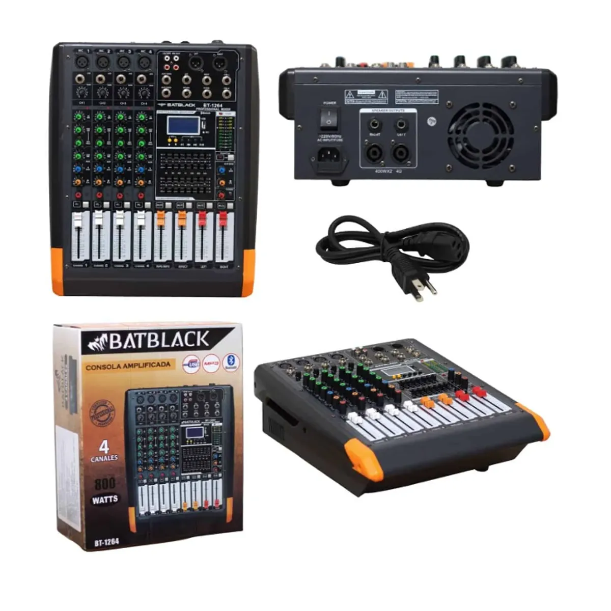 BATBLACK - Consola Amplificada 650W (325W X2) 4 Canales BT-1264 BATBLACK