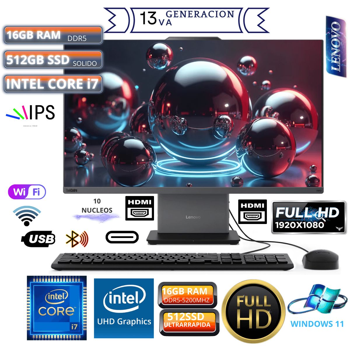 LENOVO - All In One Lenovo IdeaCentre de 23.8", Intel Core i7-13620H (13va Gen), 10 núcleos, 16GB RAM