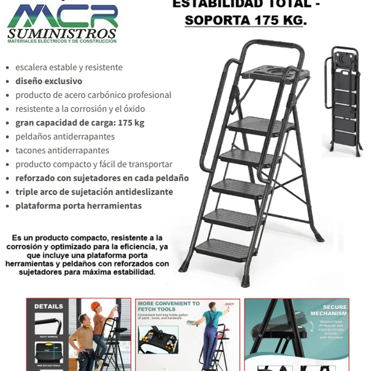 GENERICO - ESCALERA PROFESIONAL DE ACERO: ESTABILIDAD TOTAL - 5 PELDAÑOS.