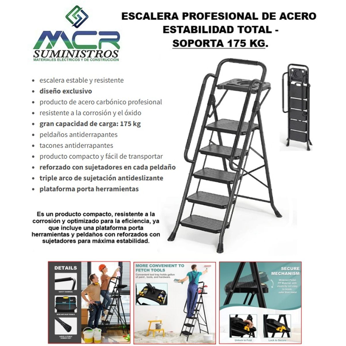 GENERICO - ESCALERA PROFESIONAL DE ACERO: ESTABILIDAD TOTAL - 5 PELDAÑOS.