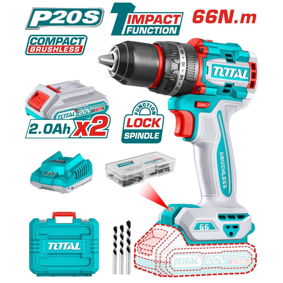 TOTAL TOOLS - Taladro Atornillador Percutor Brushless 66nm-TIDLI20668
