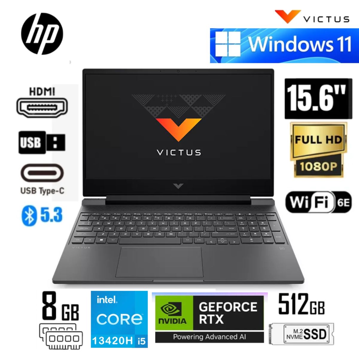 HP - Laptop Hp Core I5-13420h Victus 15-fa2013 15.6" 8gb, 512gb, Rtx 3050 6gb, Win11, Silver, 13gen.