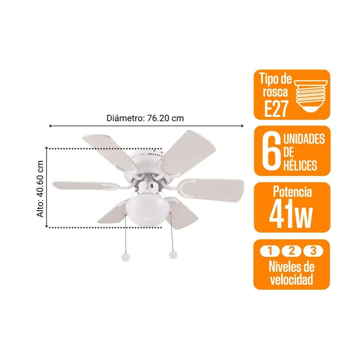 ORANGE - Ventilador de Techo Orange Atenas 30" 6 Aspas 1 Luz Blanco