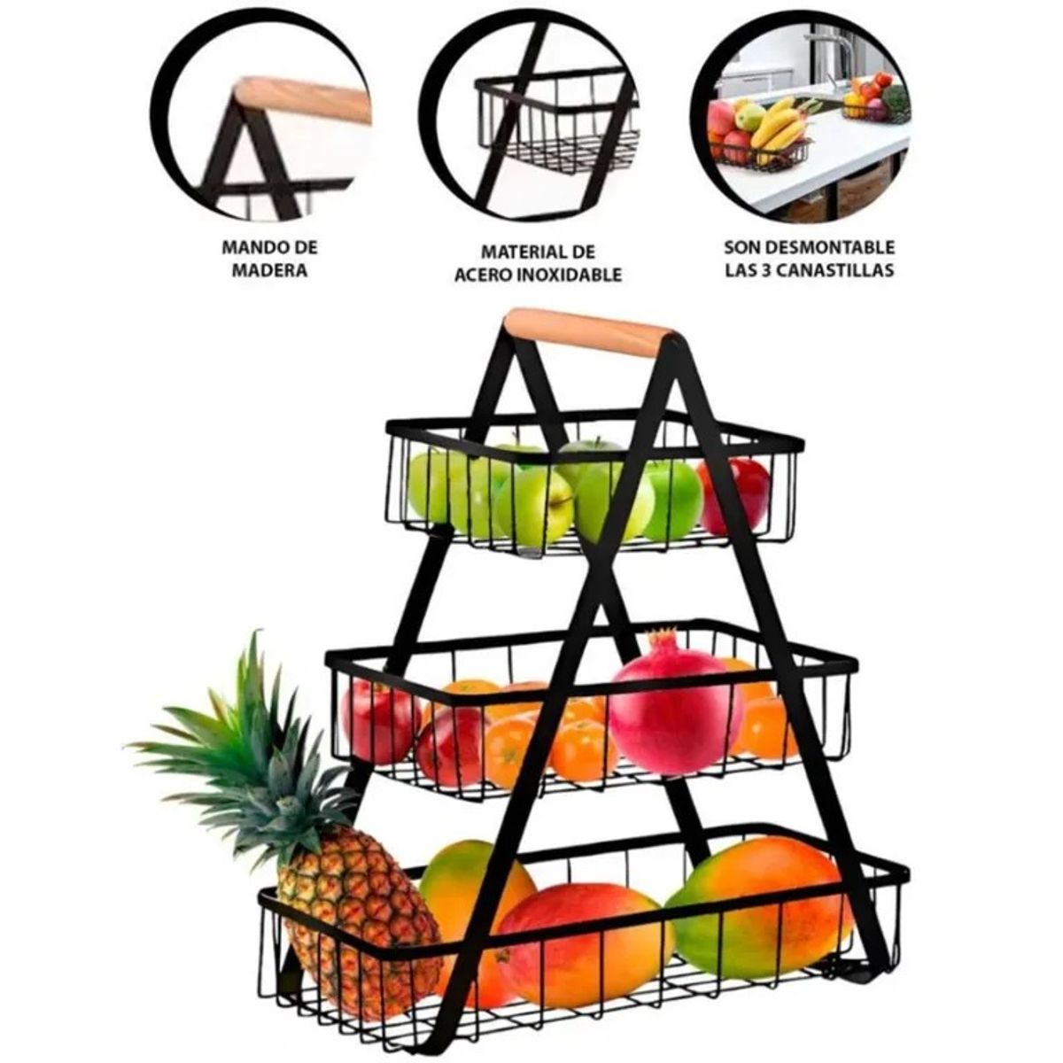 OEM - Frutero Organizador de 3 Niveles de Metal Negro - Gran Capacidad