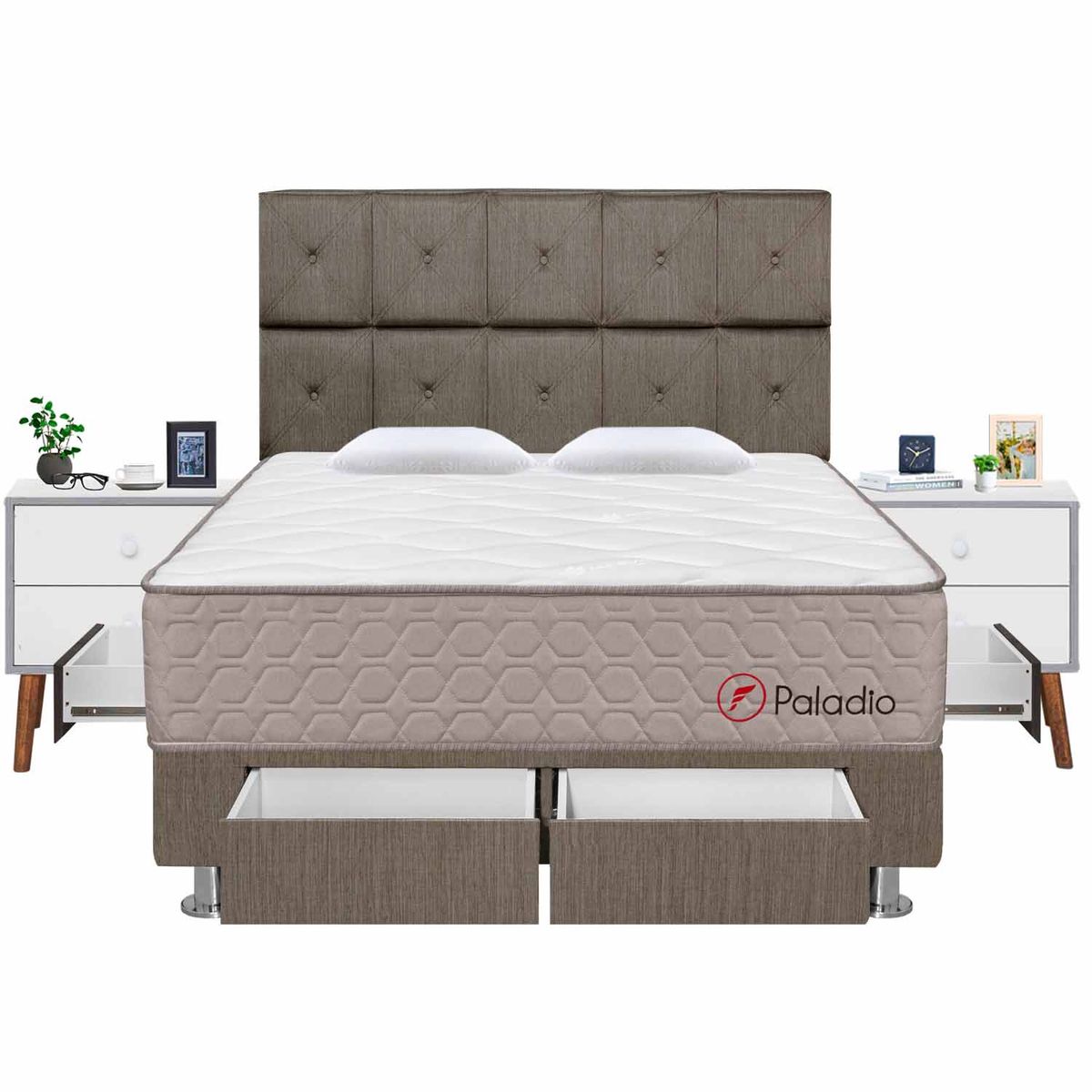 FORLI - Dormitorio 4 Cajones Paladio Queen Marrón + 02 Veladores