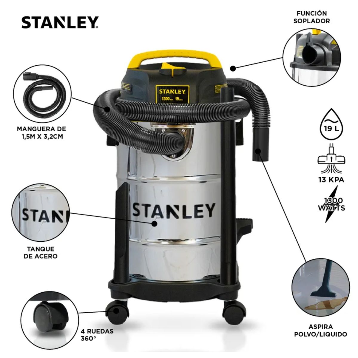 STANLEY - ASPIRADORA DE POLVO Y LIQUIDO 19LT ACERO INOXIDABLE SL19138-B2  STANLEY