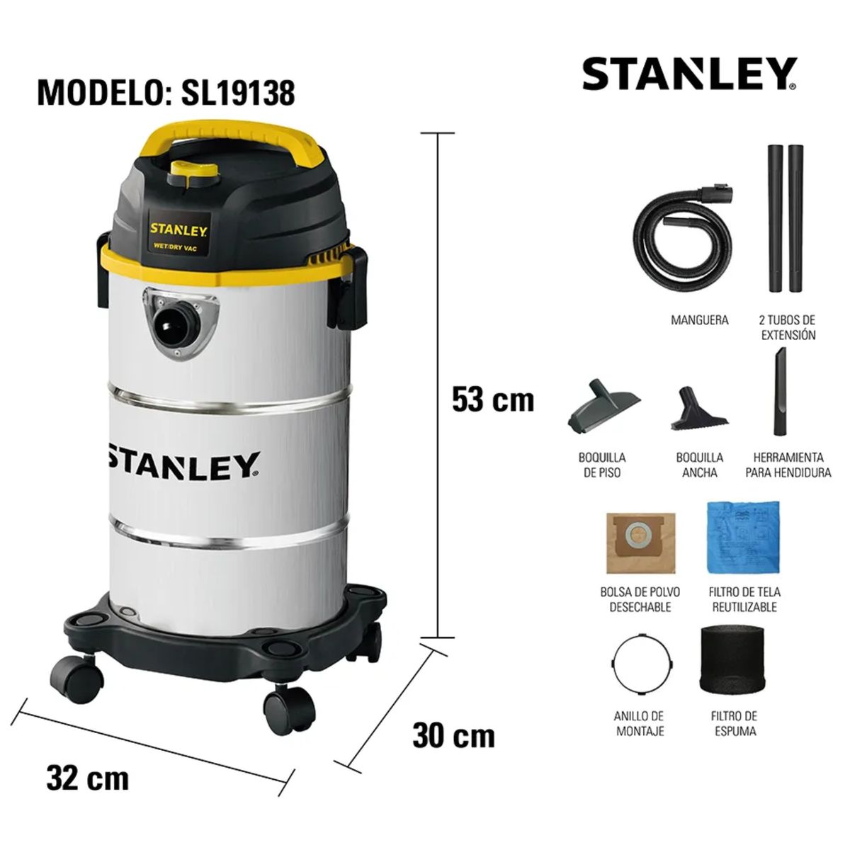 STANLEY - ASPIRADORA DE POLVO Y LIQUIDO 19LT ACERO INOXIDABLE SL19138-B2  STANLEY