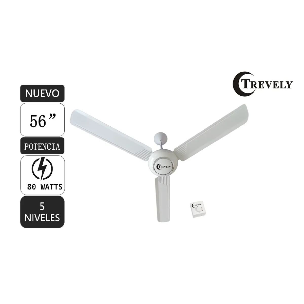 TREVELY - Ventilador de Techo 56” TREVELY VT-5680 90W  5 Velocidades - Blanco