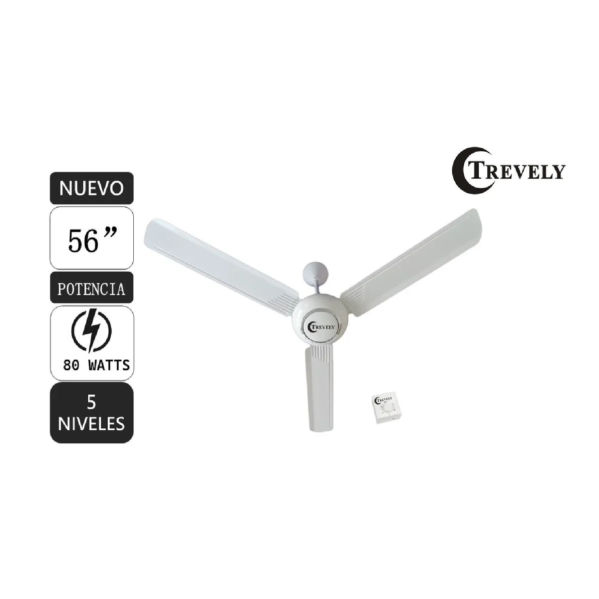 TREVELY - Ventilador de Techo 56” TREVELY VT-5680 90W  5 Velocidades - Blanco