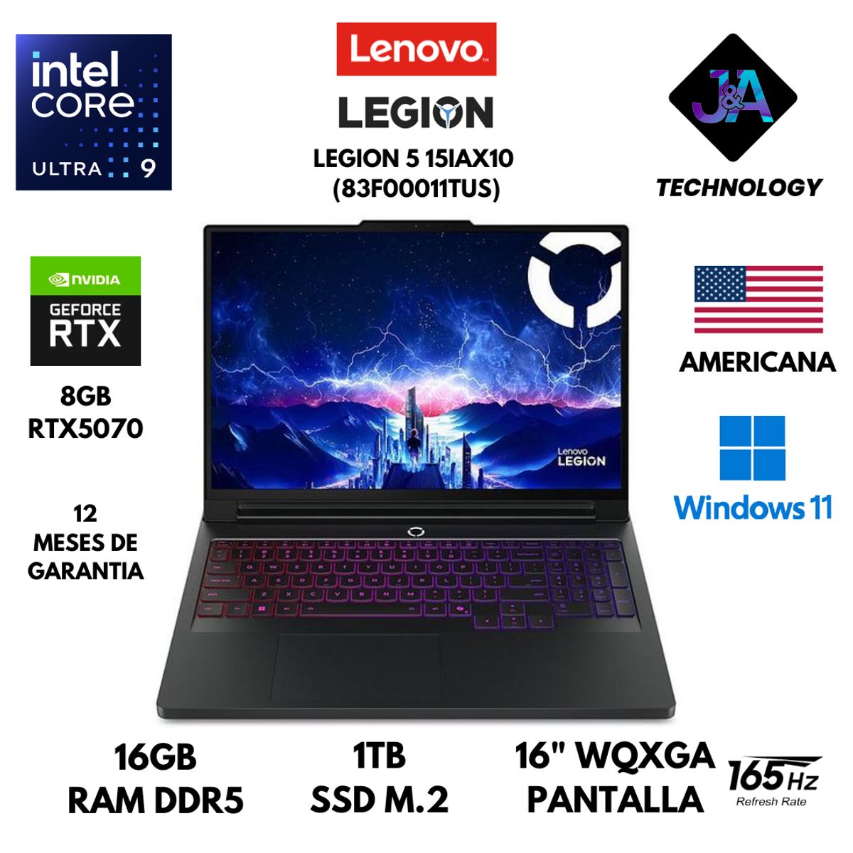 LENOVO - LAPTOP LENOVO LEGION 5 16IAX10 ULTRA 9 275HX 16GB RAM 1TB SSD 8GB RTX5070 16" WINDOWS 11 AMERICANA