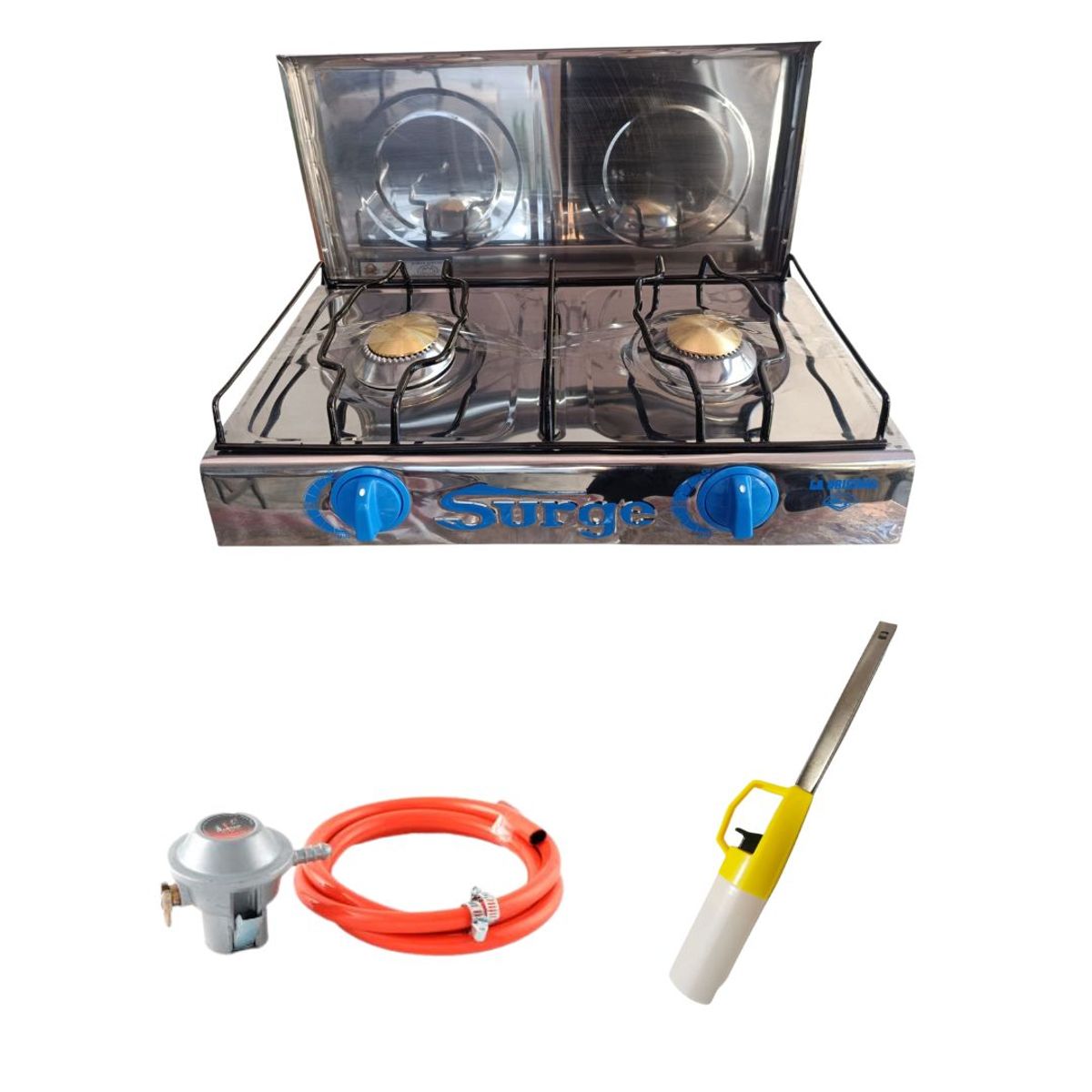 COCINAS SURGE - Cocina de mesa 2 hornillas a gas con tapa + Regulador con manguera + Encendedor de cocina