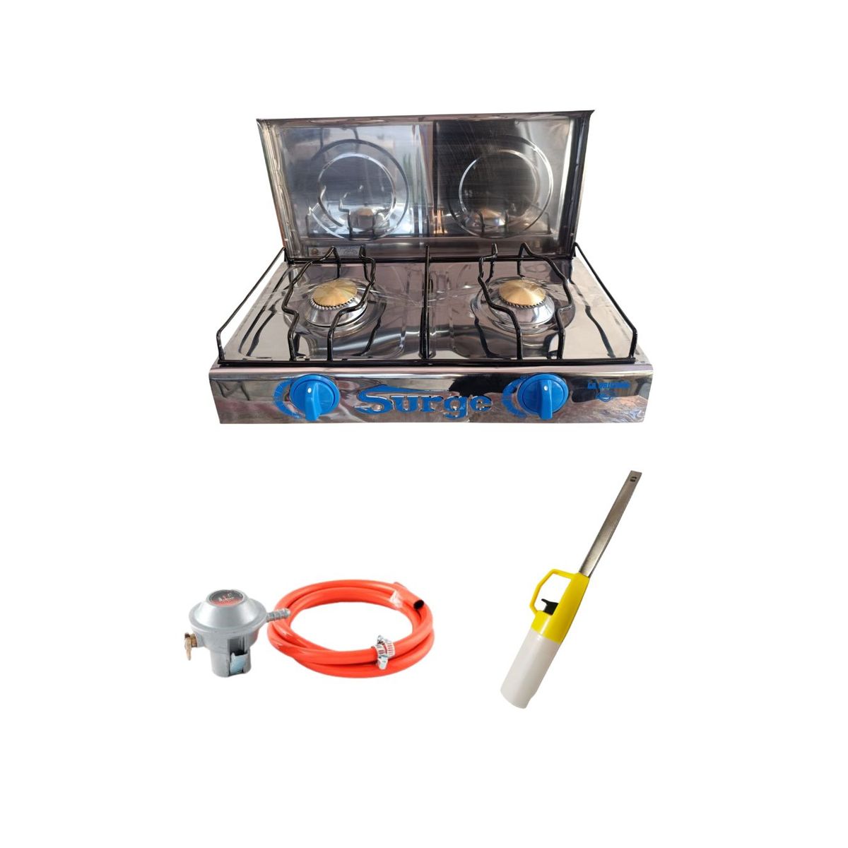 COCINAS SURGE - Cocina de mesa 2 hornillas a gas con tapa + Regulador con manguera + Encendedor de cocina