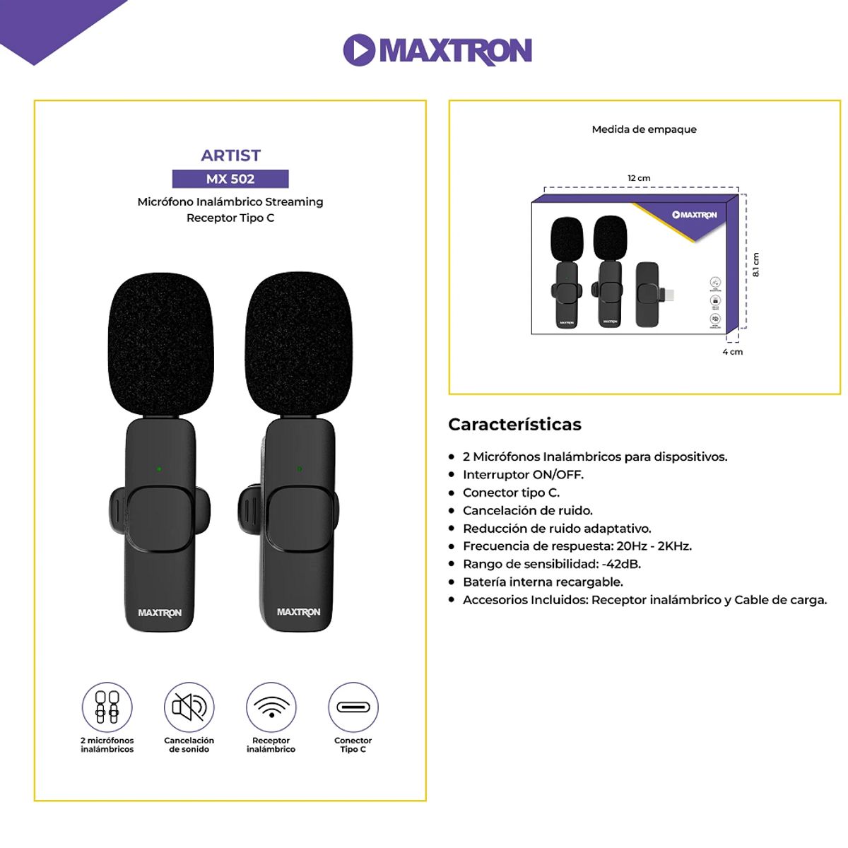 MAXTRON - Micrófono Inalámbrico Streaming Solapero Mx M168 Maxtrom Negro