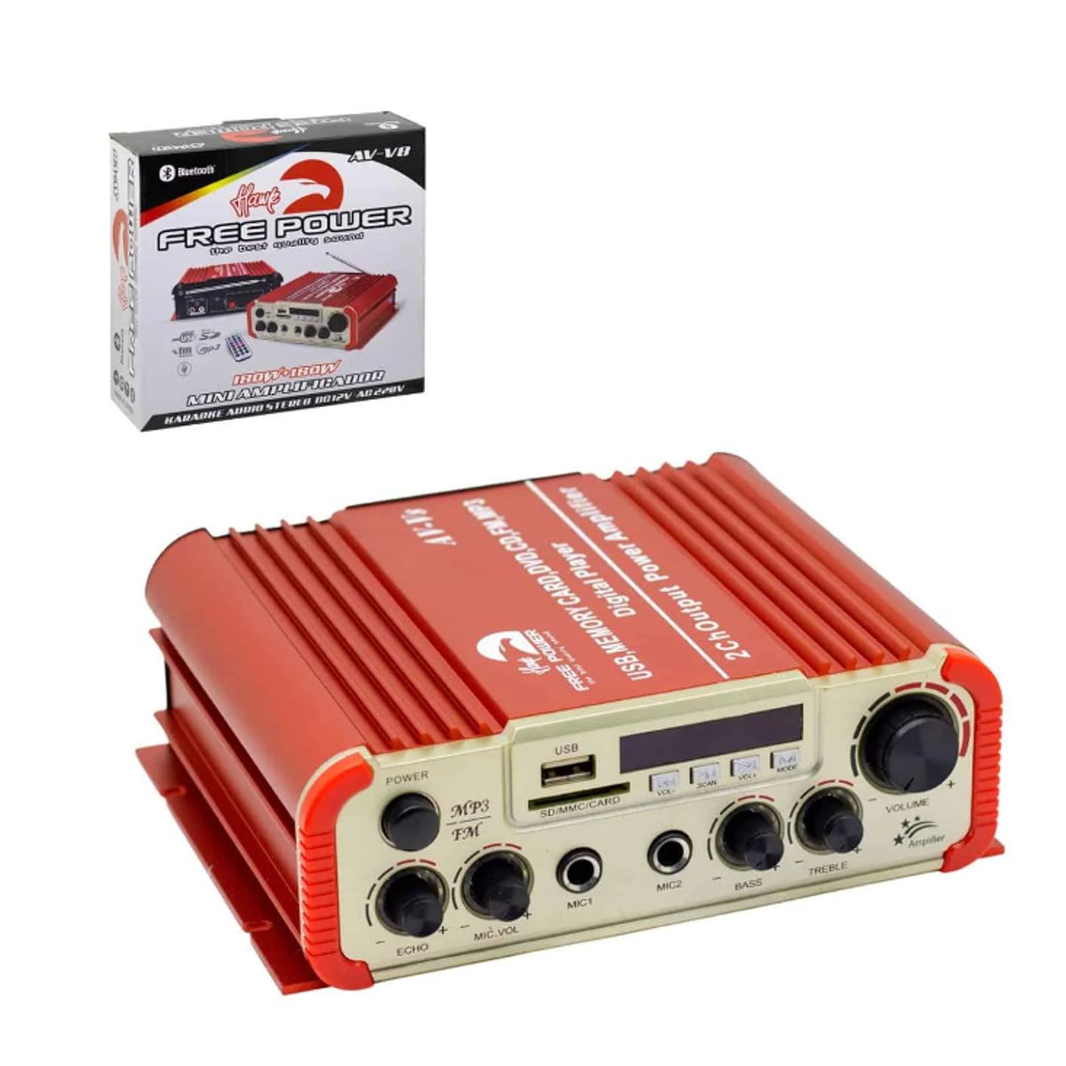 GENERICO - Mini Amplificador 180W con Bluetooth, USB, SD y FM AV-V8 HAWK FREE POWER
