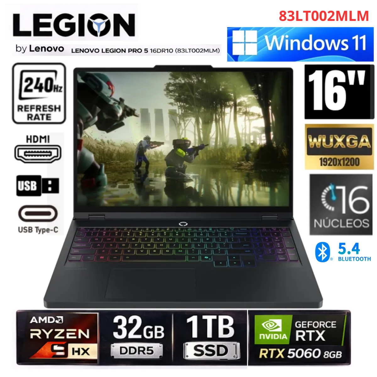 LENOVO - Laptop Gaming Lenovo Legion Pro 5 16ADR10 16" WQXGA 240Hz AMD Ryzen 9 8945HX 32GB RAM 1TB SSD