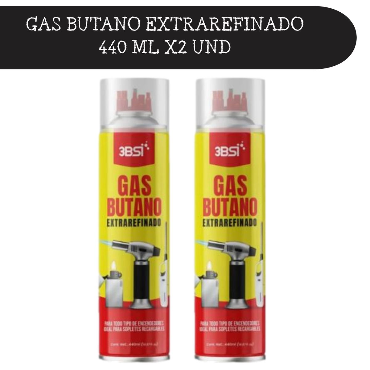 3BSI - Gas Butano Extrarefinado 440 ml x2 UND– Ideal para Sopletes y Encendedores Recargables