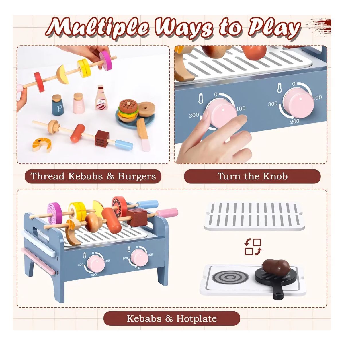 GENERICO - Juego Parrilla Bbq Didactico Para Niños De Madera Montessori Con Accesorios