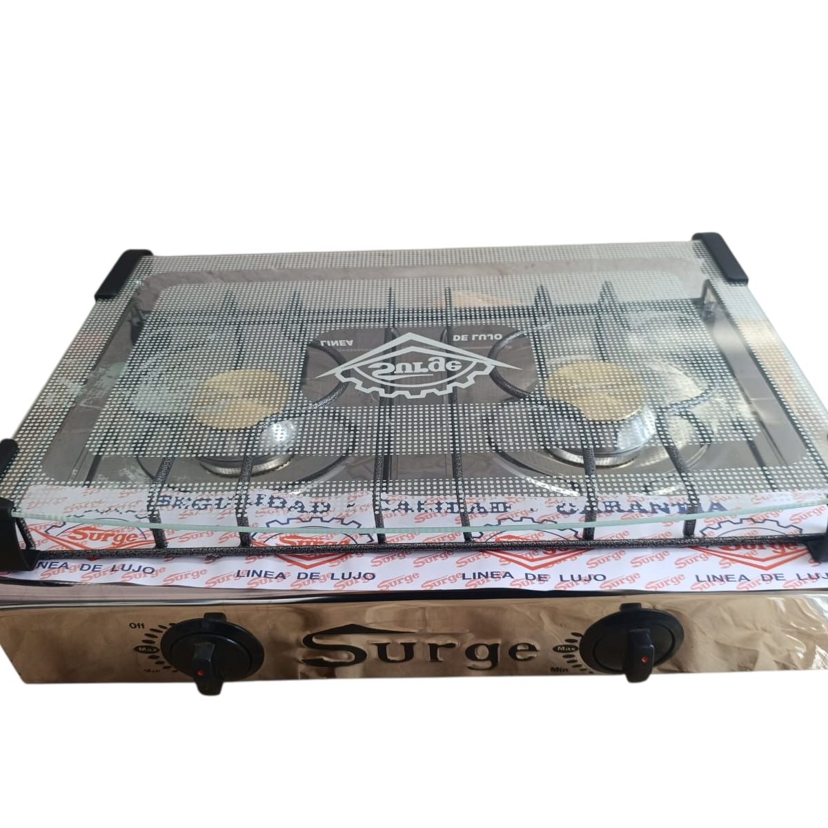 COCINAS SURGE - Cocina de mesa 2 hornillas de acero inoxidable con tapa de vidrio marca Surge
