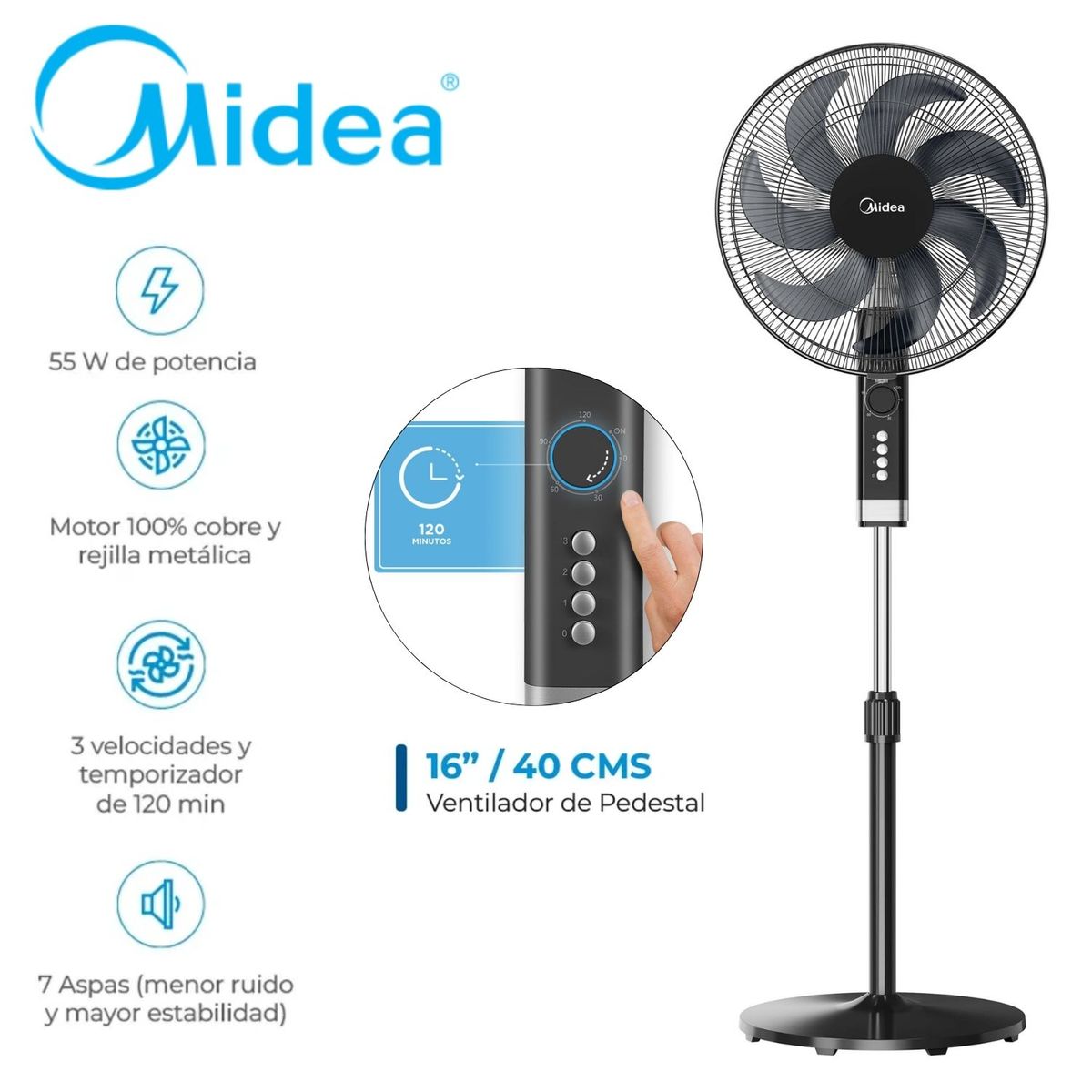 Midea - Ventilador con Temporizador 120 min Midea MFA164MB con Aire Amplificado 7 aspas