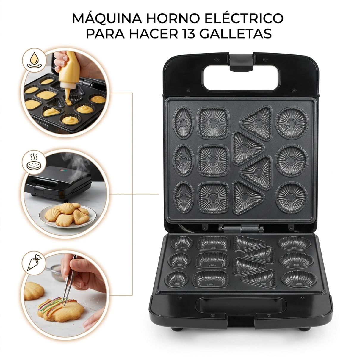 OEM - Cookie Maker Eléctrico para 13 Galletas - Máquina con Placas Antiadherentes y Formas Variadas