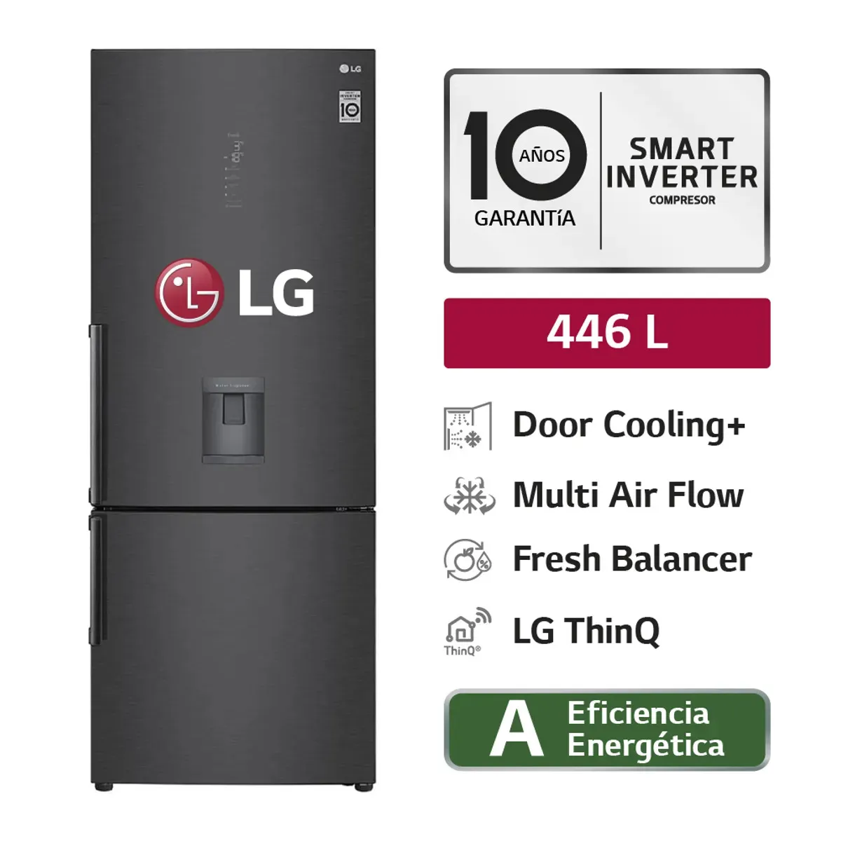 LG - Refrigeradora GB46TGT 446L Door Cooling Bottom Freezer Negro Mate LG