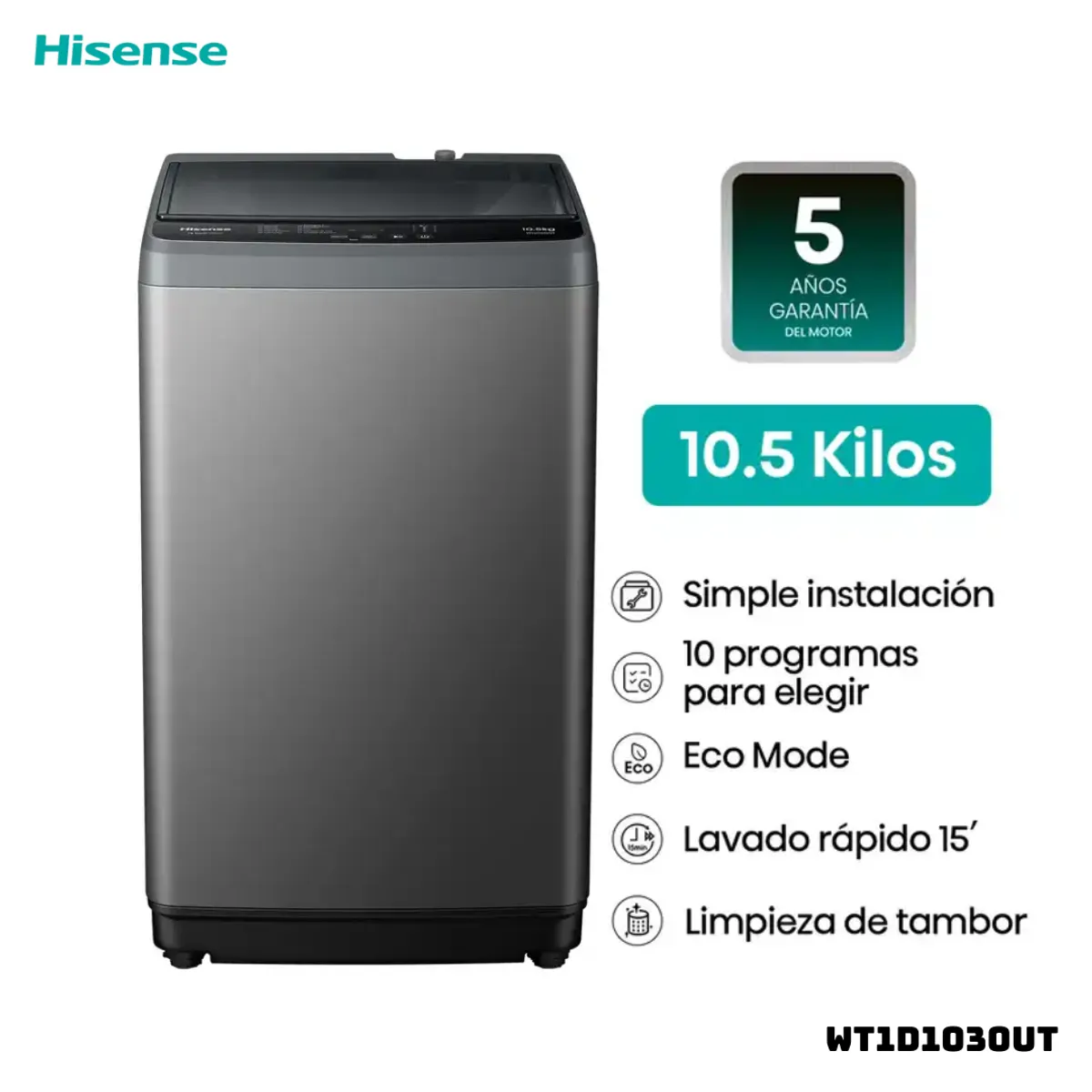 HISENSE - LAVADORA HISENSE TAPA TRANSPARENTE 10.5 KG CARGA SUPERIOR GRIS - WT1D1030UT