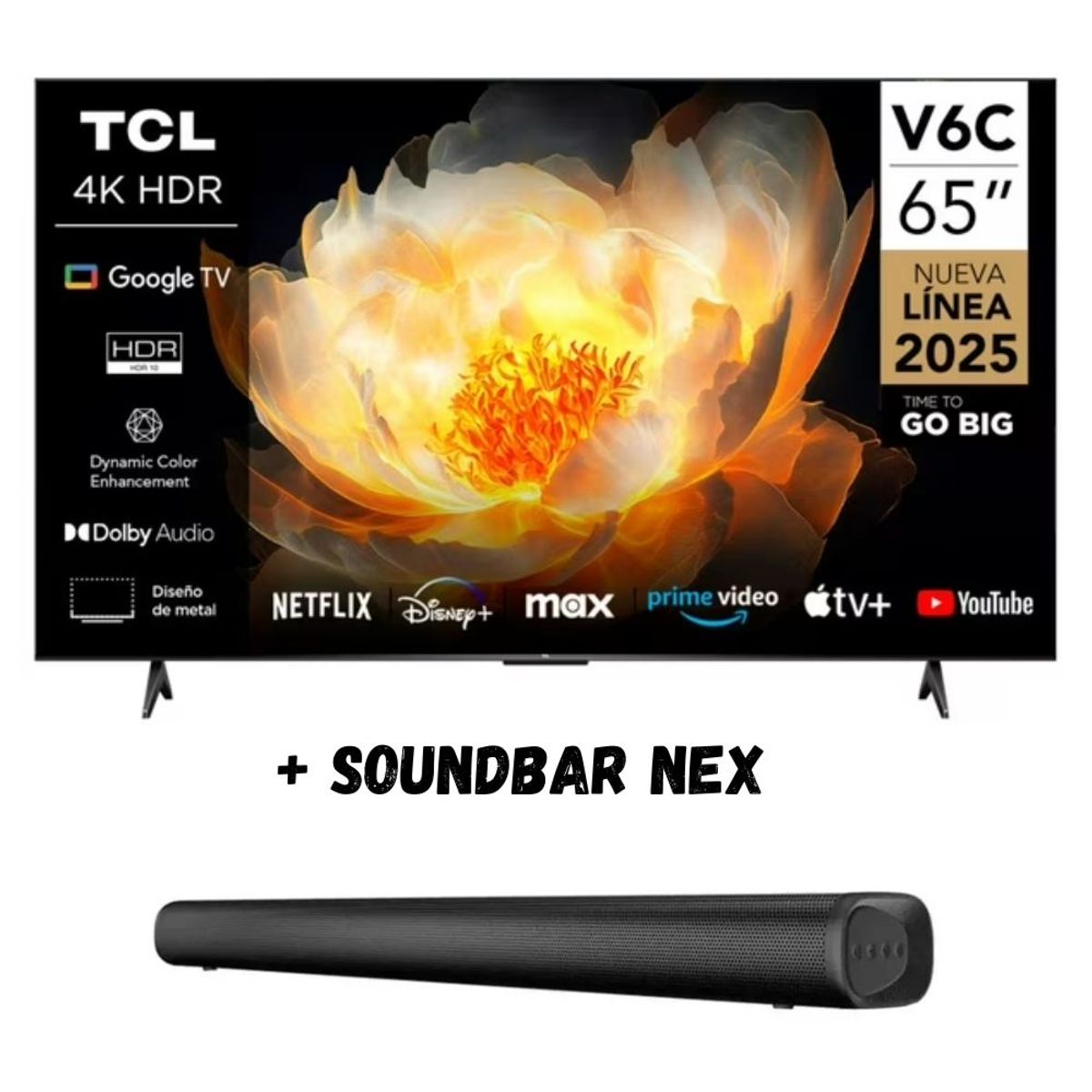 TCL - Televisor 65'' TCL UHD 4K Google TV Smart TV 65V6C 2025 + SOUNDBAR NEX