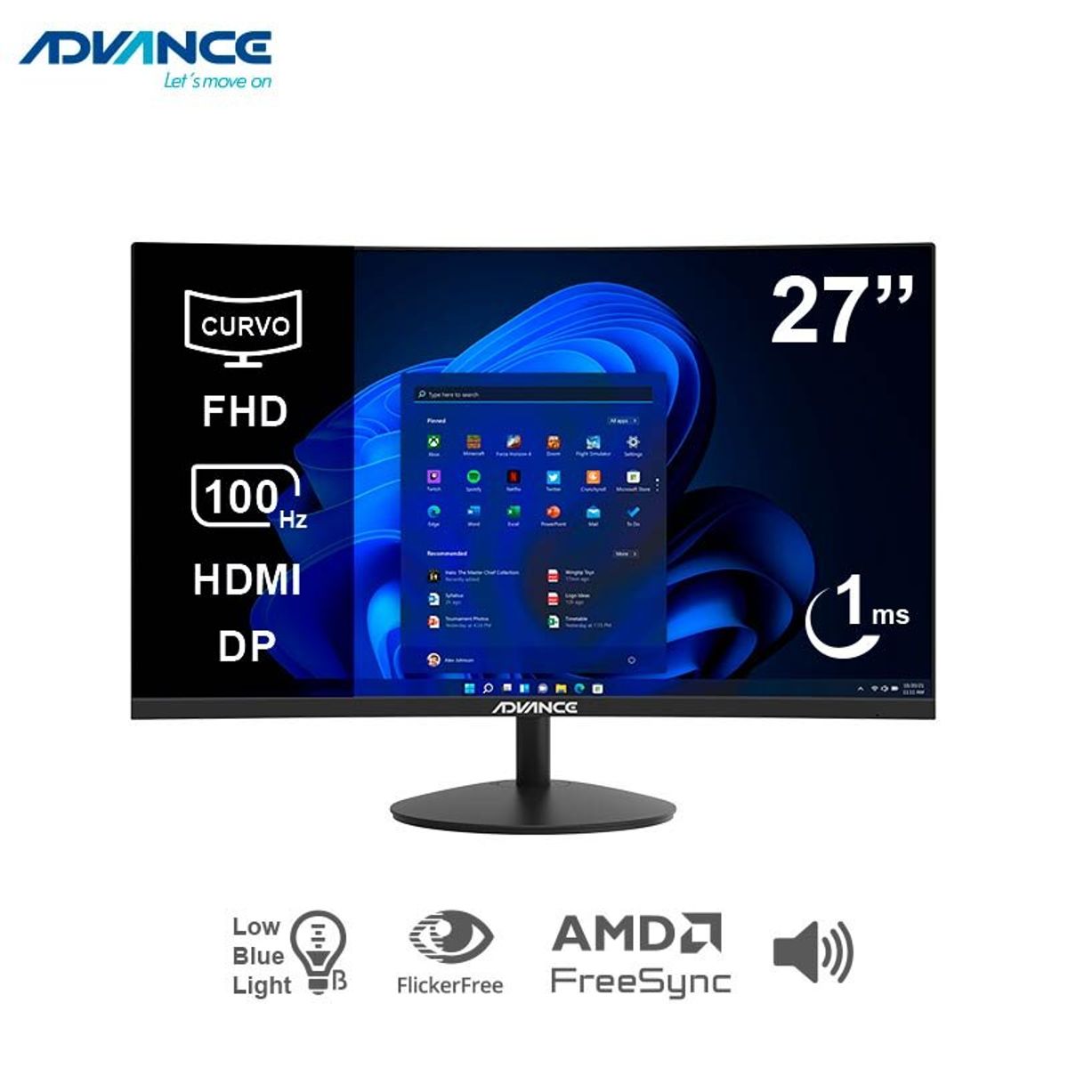 ADVANCE - Monitor curvo ADVANCE ADV-2751S 27 FHD VA 100Hz 1ms HDMI DP