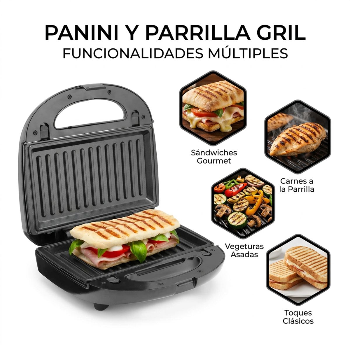 OEM - Prensa para Paninis y Grill Eléctrico Portátil - Diseño Compacto con Cierre de Seguridad