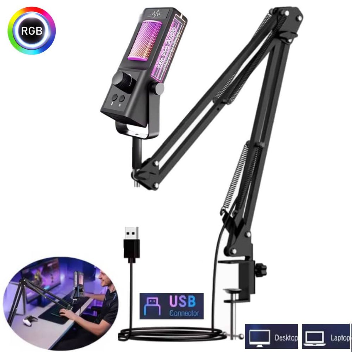 GENERICO - Microfono para Pc Laptop USB Gamer Luz RGB Dinamico Escritorio