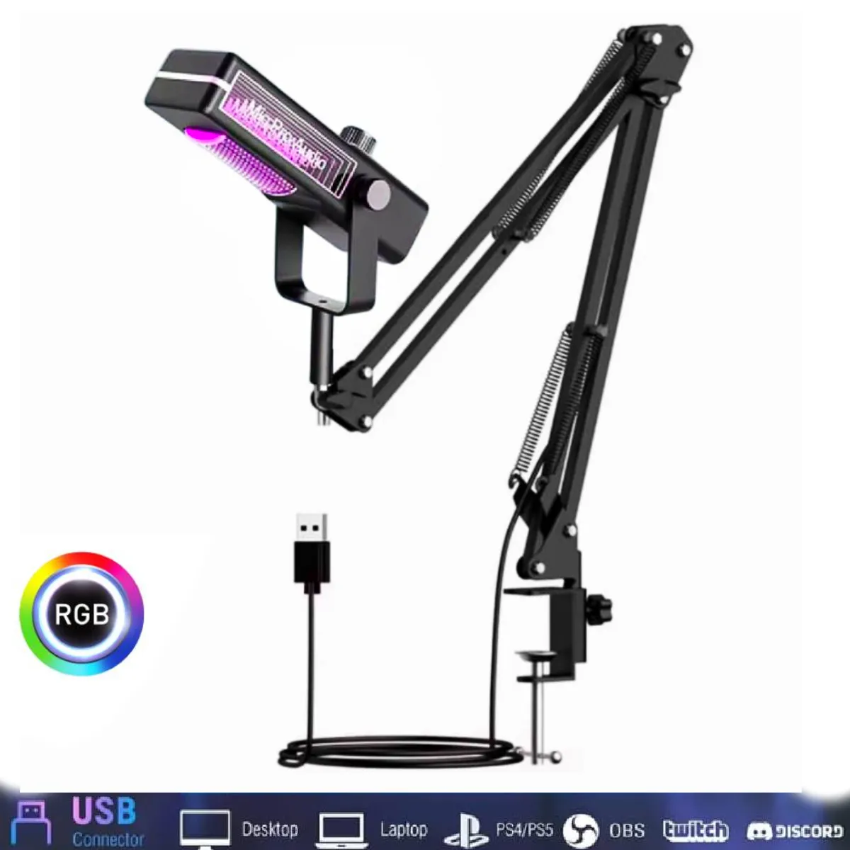 GENERICO - Kit Micrófono Gamer para Pc Laptop Luz RGB Dinámico USB Escritorio