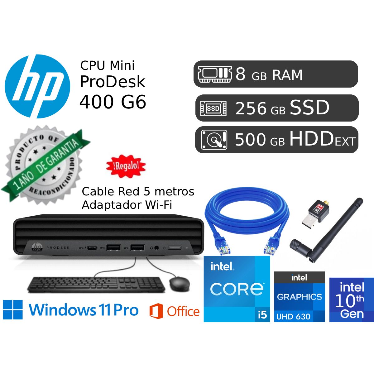HP - ProDesk Mini 400 G6 i5 10ma 8GB RAM 256GB SSD 500GB HDD EXT Reacondicionada 1 Año de garantía