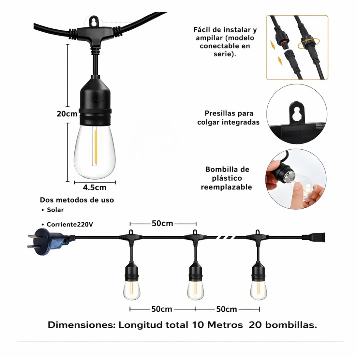 OEM - Guirnalda Led 20 Focos 10 Metros Exterior Impermeable Amarillo