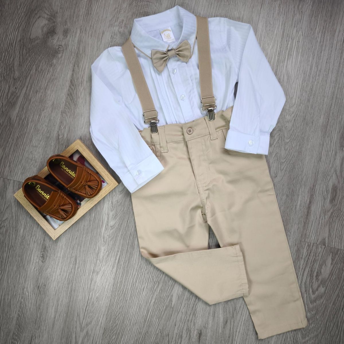 BANNITAS - Conjunto Formal Infantil 4 Piezas Niño Camisa Manga Larga Pantalón 36M Beige