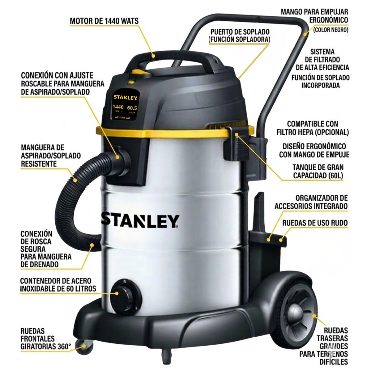 STANLEY - ASPIRADORA SOPLADORA DE POLVO Y LIQUIDO 60LT ACERO INOXIDABLE SL19601-16B-B2 STANLEY