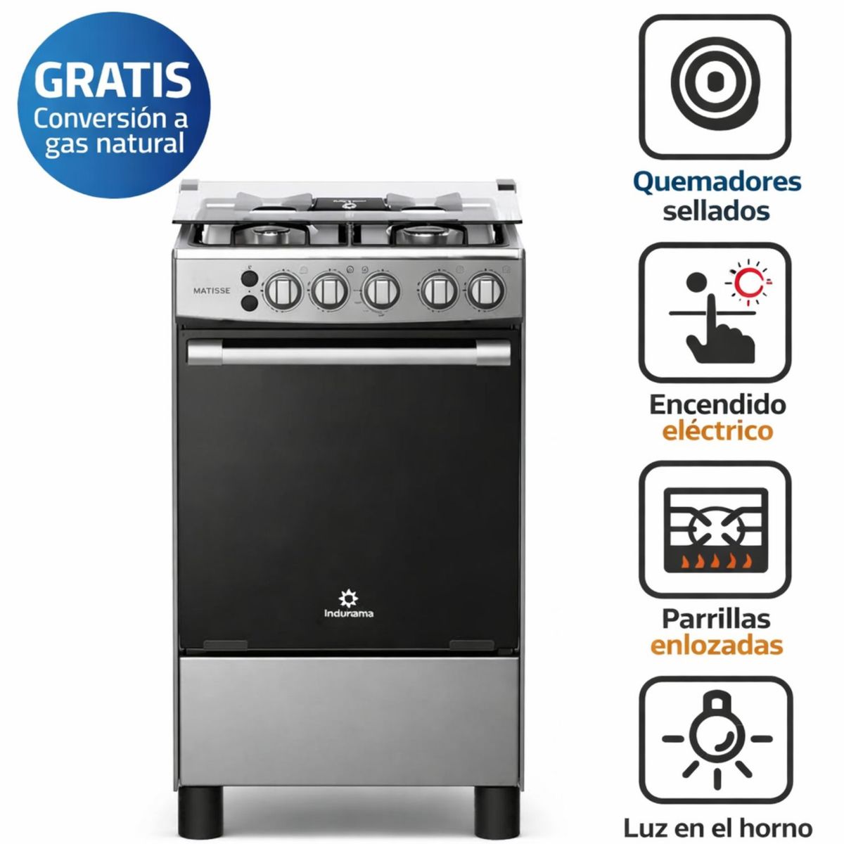 INDURAMA - Cocina de Pie a Gas Indurama Matisse 4 Hornillas Gris