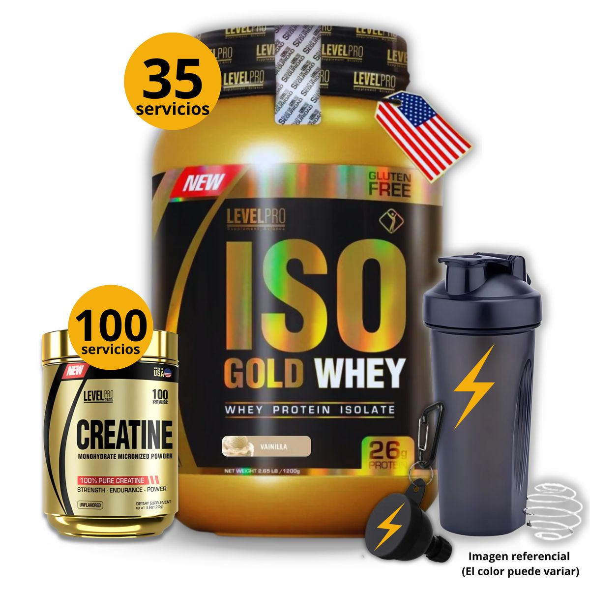 LEVEL PRO - Proteína Iso gold whey de 1kg Vainilla + Creatina level pro 250gr + regalos