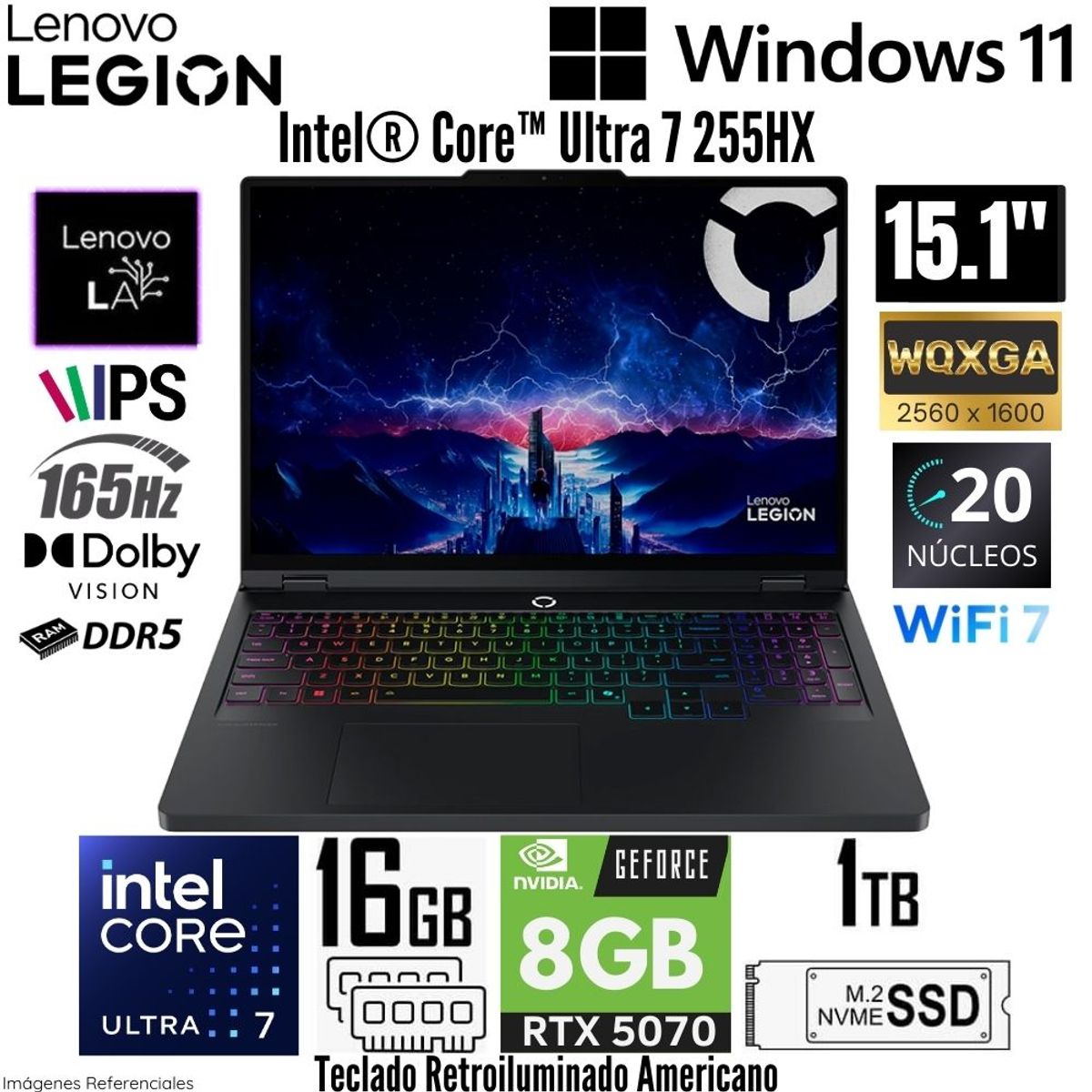 LENOVO - Laptop Lenovo LEGION 5 15IAX10 Intel Core Ultra 7 255HX 16GB RAM 1TB SSD RTX 5070-8GB 15.1"  WQXGA