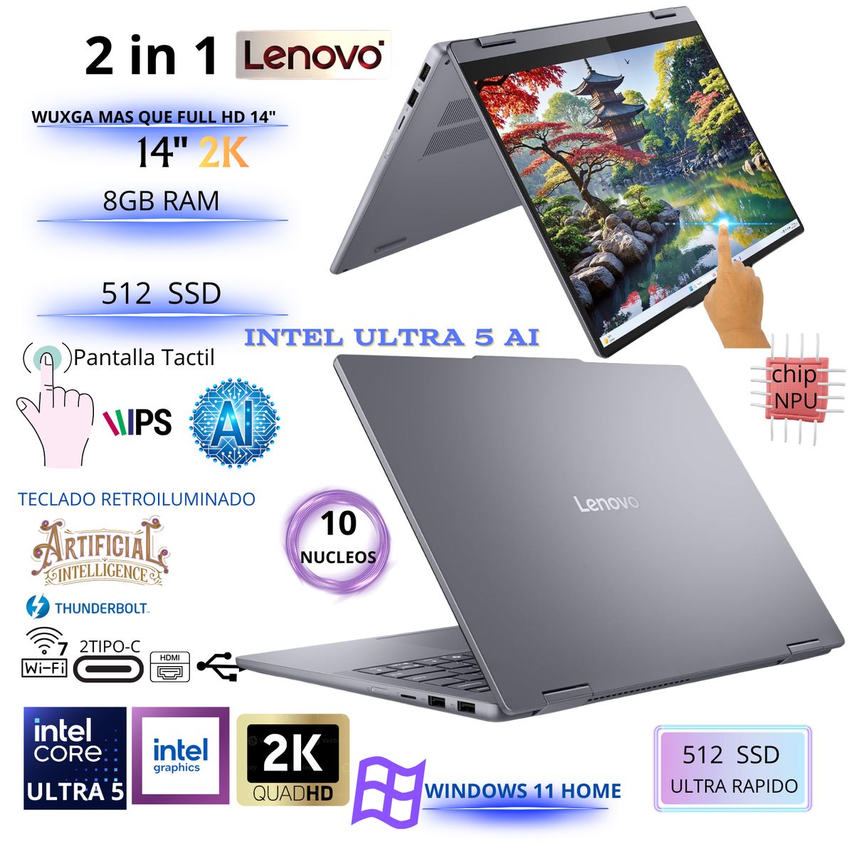 LENOVO - Laptop Lenovo IdeaPad 5 2 en 1 Intel Ultra 5 - 225V 8GB RAM 512GB SSD 14" WUXGA Touch