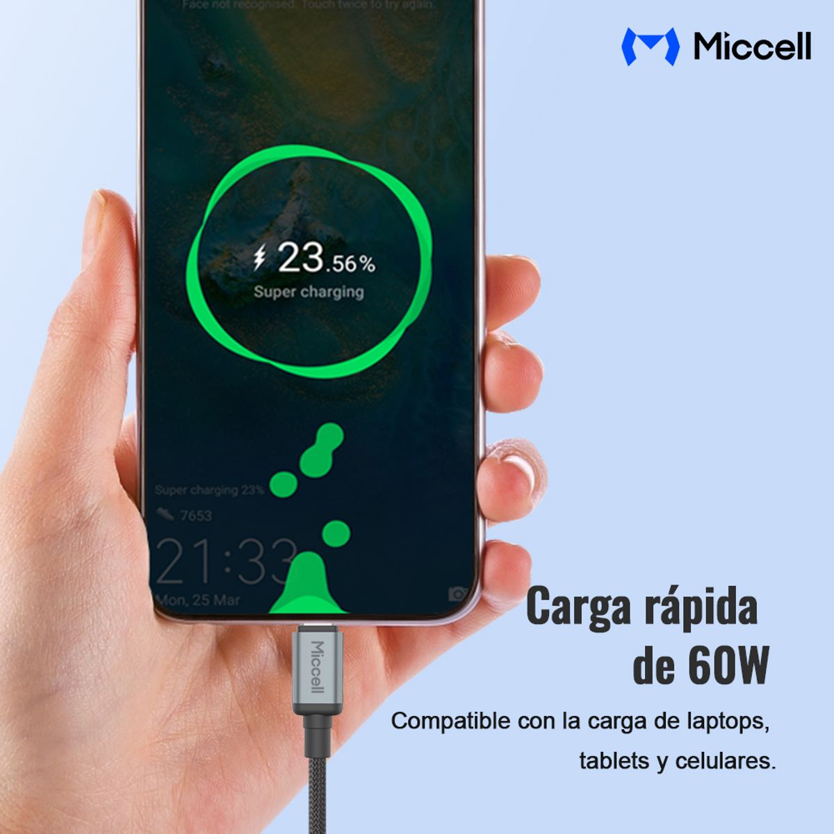MICCELL - Miccell Cable Tipo C PD 60W Carga Rápida Nylon Trenzado Alta Resistencia